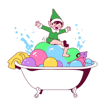 An elf on the shelf with bright green clothing is riding on top of colorful bubbles in a white bathtub. The elf has a joyful expression, and its arms are outstretched for balance as it glides over the shimmering bubbles. Water splashes around, creating a playful scene, with droplets catching the light. In the background, there are bath toys floating and the edge of the bathtub is lined with a soft, fluffy yellow towel. The entire setting captures a lively and adventurous atmosphere.