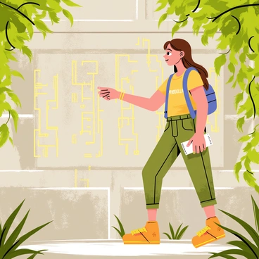 A young woman named "Priscilla" with long brown hair and wearing a backpack is standing in front of weathered stone walls adorned with intricate carvings. She is closely examining glowing "mysterious runes" etched into the stones. Surrounding her are overgrown vines and small ferns, hinting at the age of the "ancient ruins." The sunlight filters through the gaps in the trees overhead, casting dappled shadows on the ground. Priscilla holds a small notebook in one hand, ready to jot down her observations, while the other hand gently touches the runes as if trying to uncover their secrets.