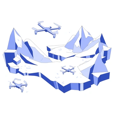 Drones are swiftly maneuvering through an icy landscape filled with towering glaciers and vast expanses of snow. The drones have sleek, aerodynamic designs and are in various positions as they navigate around jagged ice formations. The icy terrain is covered in a thick blanket of snow, with glimmering frost reflecting the light. The backdrop features rugged mountains that rise sharply against the clear sky, enhancing the stark beauty of the scene. Flurries of snow are kicked up by the drones’ movements, adding dynamic energy to the composition.