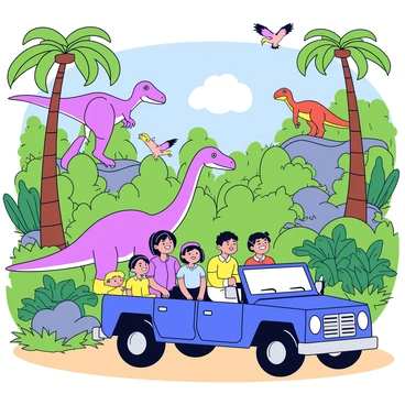 A family on a thrilling safari through a jungle filled with dinosaurs