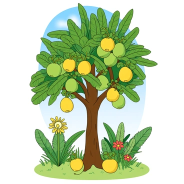 A tall guava tree with a sturdy trunk and lush green leaves, heavy with clusters of ripe yellow and green guavas hanging from its branches. The tree is surrounded by vibrant tropical plants with large, broad leaves and colorful flowers. The sun shines brightly, casting warm light across the garden, highlighting the glossy surfaces of the fruits. The ground is covered in soft green grass, and a few fallen guavas are scattered around the base of the tree, adding to the scene. In the background, a clear blue sky stretches above, creating a cheerful atmosphere.