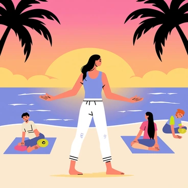 A yoga instructor is standing on a sandy beach during sunset, demonstrating hip circles. The instructor has long flowing hair, wearing a light blue tank top and white yoga pants. The sky is filled with vibrant oranges and purples, reflecting on the gentle waves of the ocean. Nearby, a group of diverse students, in various yoga attire, are following along with the instructor's movements, some in yoga mats and others on the sand. Silhouetted palm trees sway in the breeze, framing the scene on either side. The atmosphere is calm and focused, with the sun slowly descending behind the horizon.