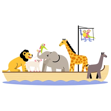 A variety of animal pairs standing together on the deck of "Noah's Ark." A lion and a lamb sit side by side, showcasing their contrasting features. Nearby, a pair of elephants with large ears are playfully reaching out to each other with their trunks. A colorful parrot is perched on the back of a gentle giraffe, while a pair of monkeys swing from a pole above, sharing a cheerful moment. The deck of the ark is wooden, with a view of a calm sea in the background. Each animal pair displays a sense of friendship and harmony among them, captured in the serene setting.