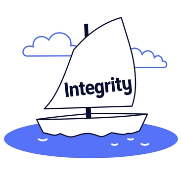 A sailboat navigating calm seas, its sail emblazoned with 'Integrity'