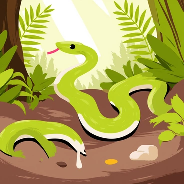A snake with glossy green scales is slithering effortlessly across the forest floor. The snake's body is long and flexible, showcasing its ability to move smoothly through the underbrush. Surrounding the snake, the forest floor is covered with rich brown leaves and vibrant green ferns. Sunlight filters through the canopy, creating dappled patterns of light and shadow on the ground. Small pebbles and twigs are scattered around, complementing the natural setting. The snake's tongue flicks out occasionally, adding a sense of movement and interaction with its environment.