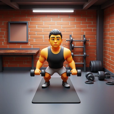 A person performing renegade rows with a focused expression. The individual has short hair, wearing a black tank top and gray workout shorts. They are positioned on an exercise mat, one arm holding a dumbbell while the other arm is extended forward. The rugged garage gym features exposed brick walls, various weights scattered on the floor, and a wall-mounted mirror reflecting the workout. A rusty metal bench is placed in the background next to a set of barbells. Bright overhead lights illuminate the scene, creating a dynamic atmosphere of intense physical effort.