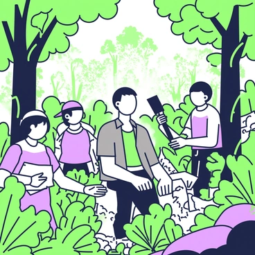 Mier y Teran is depicted in a dense jungle, surrounded by towering trees with thick trunks and broad leaves. He is wearing a khaki shirt and cargo pants, actively cutting through the foliage with a machete in his right hand. His expression shows determination. Around him, his team members are assisting, each engaged in clearing the path. One team member is holding a map, while another is taking care of a backpack. The jungle is lush, with various shades of green from the leaves and plants, and the sunlight filters through the canopy, casting dappled shadows on the ground.