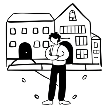 A nervous student standing outside a school building, gripping their backpack tightly. The school building features large windows and a distinctive entrance. The student wears a simple shirt and pants, with their hair slightly tousled. There are a few scattered leaves on the ground, and a school bell tower can be seen in the background. The atmosphere suggests anticipation and the passing of time.