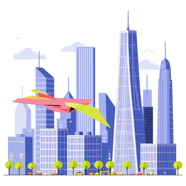 A futuristic cityscape where a thunderbird-shaped drone flies among skyscrapers