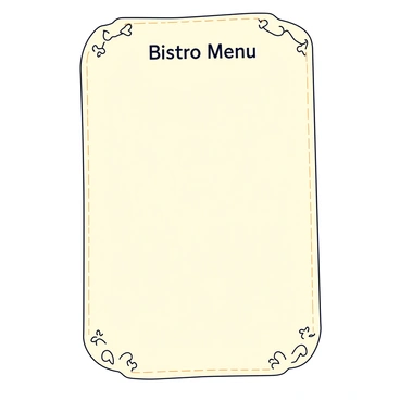 A bistro menu with a rectangular shape. The menu has an elegant border adorned with tiny fleur-de-lis designs, delicately placed at regular intervals along the edges. The background of the menu is a soft cream color. The title "Bistro Menu" is centered at the top in a stylish font, and the text lists various food and drink options in a clear, easy-to-read format.