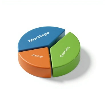 A 3D render of a pie chart with three distinct sections. One section is labeled "Mortgage" in bold font, colored in a deep blue. The second section is labeled "Savings" in a bright green hue. The third section is labeled "Expenses" in a vibrant orange. The chart sits on a white surface, and the labels are clearly legible, enhancing the visual clarity of the financial categories represented. Shadows fall naturally to give the chart a three-dimensional effect.