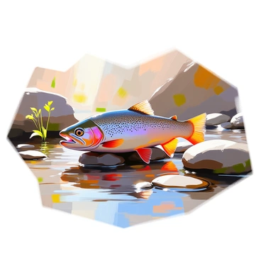 A brown trout with speckled skin resting still on smooth river stones at the bottom of a clear stream. The fish is positioned in the center of the image, showcasing its vibrant colors and intricate patterns. Sunlight filters through the surface of the water, creating shimmering reflections and illuminating the scene. The river stones vary in size and shape, with some covered in soft green moss. A few delicate water plants are visible, swaying gently in the current nearby. The overall atmosphere captures a serene moment in nature.