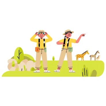 A boy and a girl dressed as explorers, wearing safari hats and khaki outfits, are standing next to each other in a grassy landscape. The boy is holding a pair of binoculars to his eyes, looking intently at something in the distance. The girl stands beside him, also with binoculars in her hands, pointing excitedly towards a nearby group of animals. In the background, there are trees and bushes, and a few wild animals like giraffes and zebras can be seen grazing peacefully.
