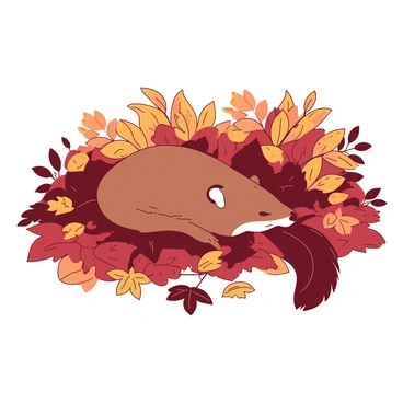 A brown pine marten is curled up among a vibrant array of orange and red autumn leaves on the forest floor. The marten has a sleek coat with a bushy tail tucked around its body, and its eyes are closed, indicating it is resting peacefully. Surrounding the marten, the leaves are scattered in rich hues, creating a natural blanket of colors that enhance the scene. Soft, dappled sunlight filters through the trees above, casting gentle shadows on the leaves, and emphasizing the serene woodland environment.