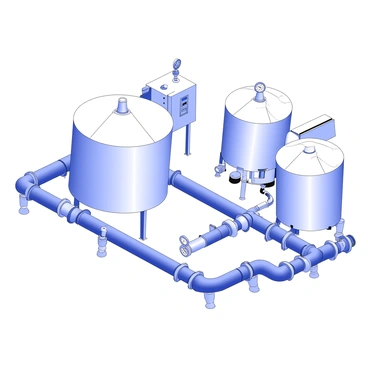 A biogas production plant is depicted, featuring large tanks and pipes. The heat exchanger system is prominently displayed within the process line, showing its connection to the biogas fermentation tanks. Various valves and gauges are positioned along the pipes, indicating controlled flow. The plant has a series of structured components, including a control panel, and there are visible pathways for operators to access different sections. The background includes additional infrastructure, such as storage silos and ventilation systems.