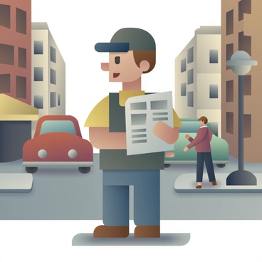 A young newsboy wearing a flat cap and a vest is standing on a busy city street, holding a stack of newspapers under one arm while calling out the latest headlines. The street is bustling with pedestrians, and vintage cars are parked along the curb. Buildings with detailed architecture surround the scene, and a streetlamp stands nearby.