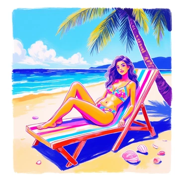 A model with long wavy hair is lounging on a beach chair. She is wearing a colorful swimsuit featuring bright patterns of flowers and abstract shapes. The beach chair is striped in vibrant colors and positioned under a tall palm tree with lush green fronds. The sand is golden, and there are small seashells scattered around. In the background, the ocean is visible, sparkling under the sun.