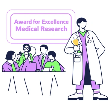 A doctor is standing on a stage and receiving an award for breakthrough research in heart failure treatment. The doctor has short black hair and is wearing a white lab coat over professional attire. In their right hand, they are proudly holding a trophy with a golden figure at the top. Behind the doctor, there is a large banner that reads "Award for Excellence in Medical Research" in bold letters. To the left of the doctor, a small group of people is applauding, including a woman with glasses and a man in a suit. The audience is seated, with some individuals capturing the moment with their smartphones.