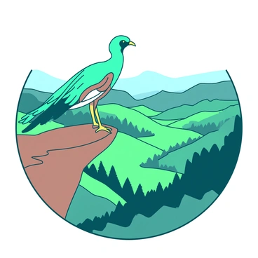 A teal lyrebird is standing on the edge of a cliff, showcasing its vibrant tail feathers that are elegantly fanned out behind it. Below the cliff, a lush valley sprawls out, filled with greenery and trees. In the distance, rolling hills can be seen, creating a picturesque backdrop to the scene. The sky above is clear, allowing sunlight to illuminate the lyrebird and the valley, enhancing the natural beauty of the environment.