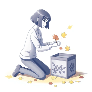 Nami collecting autumn leaves, with an illustrated box ready to store her colorful finds.
