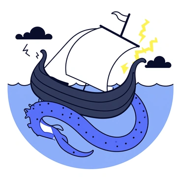 A Viking ship with a dark wooden hull and a dragon-shaped prow is being pulled underwater by the tentacles of a kraken. The ship's sails are billowed, showing signs of strong wind. The kraken's long, slimy tentacles wrap around the ship, with suckers visible along their lengths. The sea is turbulent, with high waves crashing around the ship. Dark storm clouds loom overhead, and flashes of lightning illuminate the scene.