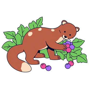 A pine marten with rich brown fur is nibbling on a cluster of vibrant wild forest berries. The marten’s fur has small patches stained with berry juice, showcasing the bright red and purple hues. The animal is positioned among lush green foliage, with some berries scattered on the ground around it. The scene conveys a sense of the marten's playful engagement with its natural food source.