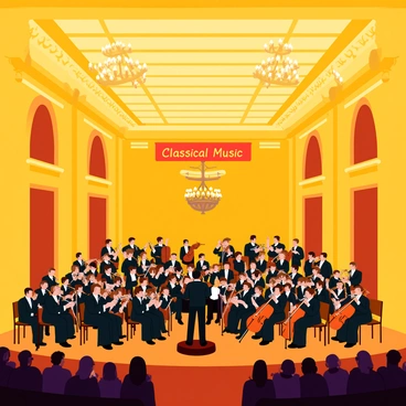 A large orchestra is positioned on a grand stage inside an elegant concert hall. The musicians are dressed in formal black attire, with the conductor standing at the front, energetically leading the ensemble. There are various instruments visible, including violins, cellos, and brass instruments. The concert hall features ornate decorations, with high ceilings and intricate moldings. Beautiful chandeliers hang from above, casting a warm glow on the scene. The audience is seated, captivated by the performance. "Classical Music" is displayed prominently on a banner above the orchestra.