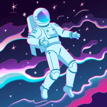 An astronaut wearing a sleek, reflective space suit is floating in the vastness of space. The suit has intricate details, including illuminated patches that pulse with light. Surrounding the astronaut is a kaleidoscope of vivid cosmic colors, with swirling patterns of deep blues, vibrant purples, electric pinks, and radiant yellows. Stars twinkle throughout the scene, interspersed with wisps of colorful nebulae. The astronaut's visor reflects fragments of the vibrant surroundings, enhancing the sense of immersion in this dynamic cosmic environment.