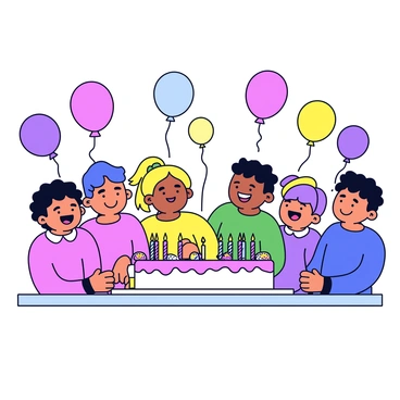 A group of cartoon characters gathered together, each character representing a different vibrant color. They are smiling and laughing, enjoying the festivities. Surrounding them are colorful balloons of various shapes, floating in the air. A large rectangular cake sits on a table, decorated with bright frosting and topped with multiple candles. The scene is lively and festive, capturing the joy of the party atmosphere.