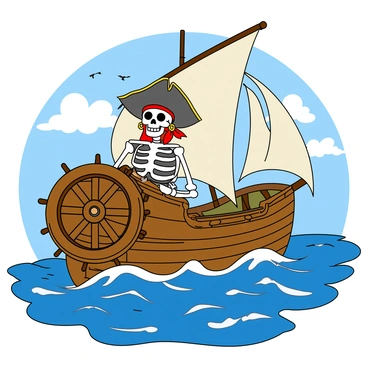 A skeleton wearing a weathered pirate hat and a tattered red bandana is standing at the helm of a wooden ship. The skeleton has a toothy grin, with some gold earrings hanging from its bony ear. The ship's wheel is large and adorned with intricate carvings. The ocean is a vibrant blue with white-capped waves gently rocking the ship. In the background, a clear sky is dotted with fluffy white clouds. The ship has billowing sails that are white and catch the wind. Small birds can be seen flying near the ship, adding to the lively scene.