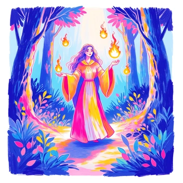 A sorceress with long flowing robes is standing in a mystical forest. Her hair is cascading down her shoulders, and her hands are raised as she summons multiple fireballs that float around her. The fireballs are glowing brightly, casting warm light against the greenery of the forest. Tall trees with thick trunks surround her, their leaves a mix of vibrant greens and deep shadows. In the background, soft beams of sunlight filter through the foliage, adding depth to the scene. The ground is covered with lush undergrowth, creating a magical atmosphere.