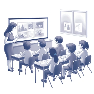 Children watching a virtual field trip on a large screen with a teacher guiding them.
