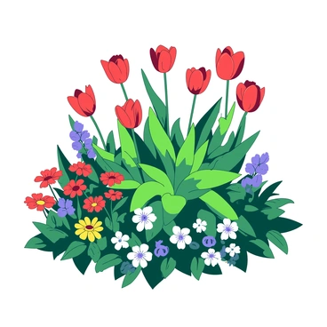 A white garden is filled with various blooming flowers, showcasing vibrant colors and diverse shapes. In the center of the garden, there is a large, flourishing green plant surrounded by smaller flowers. The flowers include bright red tulips, delicate yellow daisies, and deep blue violets. There are also lush green leaves that create a rich background, emphasizing the beauty of the blooms. The sunlight casts gentle shadows, enhancing the vivid colors of the flowers, symbolizing growth and abundance.