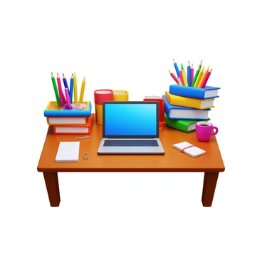 A desk cluttered with various office supplies. There are multiple colorful pens scattered around, along with several notepads stacked haphazardly. A sleek laptop sits open in the center of the desk, displaying a bright screen. The surface of the desk shows signs of active use, with a coffee mug half-full and a few paperclips scattered nearby.