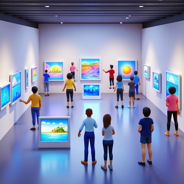 A spacious art museum featuring a modern design with high ceilings and sleek walls. Various interactive screens are displayed throughout the space, showcasing a range of vibrant digital artworks. Each screen presents unique pieces, including abstract designs, animated visuals, and immersive digital landscapes. Patrons of diverse backgrounds are engaged with the displays, some touching the screens to interact with the art. Soft lighting highlights the screens and creates an inviting atmosphere in the gallery.