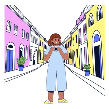 A woman stands in the middle of a quaint street in a historic city. She has medium-length brown hair and wears a light blue dress. In her hands, she holds a camera, capturing images of the surrounding architecture. The buildings around her feature intricate details, arched windows, and decorative facades. There are cobblestone streets beneath her feet, and a few potted plants add greenery along the sidewalks. The sky above is clear and bright, enhancing the charm of the scene.