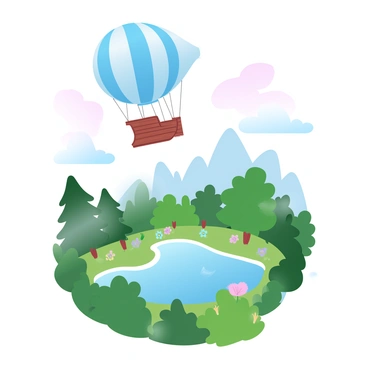 An airship is flying above an uncharted island covered in lush green vegetation. The airship has a large balloon and a wooden gondola with sails attached. Below, the island features dense trees, colorful flowers, and a variety of plants that create a vibrant landscape. A small body of water, possibly a lake, can be seen in the center of the island, reflecting the sunlight. In the distance, misty mountains rise behind the thick foliage, adding depth to the scene. The sky is filled with fluffy clouds in gradient pastel colors, enhancing the atmosphere of exploration and discovery.