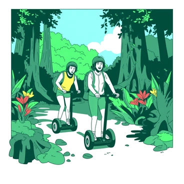A group of explorers is riding Segways through dense jungle foliage filled with green leaves and vibrant plants. The explorers are wearing helmets and light outdoor gear, with expressions of excitement and determination. Sunlight filters through the thick canopy above, casting dappled shadows on the ground. In the background, towering trees rise up, draped with vines and lianas. Various exotic flowers in shades of red and yellow peek through the greenery, adding splashes of color to the scene. The explorers are carefully maneuvering their Segways around large roots and rocks, fully immersed in the adventure.
