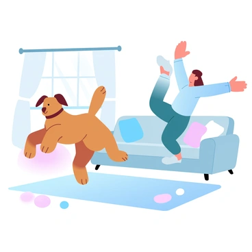 A playful dog with a golden coat is mimicking jumping jacks alongside its owner in a cozy living room. The dog is mid-leap, with its front paws lifted high and back legs stretching out. The owner, wearing comfortable athletic clothing, is also in a jumping jacks position, arms raised and legs apart. The living room has a soft rug on the floor and a couch in the background, with a few colorful cushions scattered around. Sunlight streams in through a window, illuminating the cheerful scene.