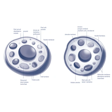 A detailed diagram featuring a side-by-side comparison of a plant cell and an animal cell. The plant cell is depicted with a rigid cell wall, chloroplasts, and a large central vacuole, showcasing its distinct organelles. The animal cell is shown without a cell wall, featuring a flexible membrane and various organelles such as lysosomes and centrioles. Each organelle is clearly labeled, providing a clear visual representation of the differences between the two cell types. The layout is organized for easy comparison, with both cells drawn to scale to highlight their structural differences.
