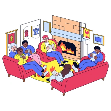 The cozy Gryffindor common room features a large, roaring fireplace with bright orange flames. Several students are sitting in plush, red armchairs and sofas, engaged in lively conversation. Some students have open books on their laps, while others are holding cups of warm beverages. The walls are adorned with Gryffindor banners displaying the house crest. A thick, soft rug covers the wooden floor, adding to the warmth of the room. Soft lighting illuminates the space, creating a welcoming atmosphere.