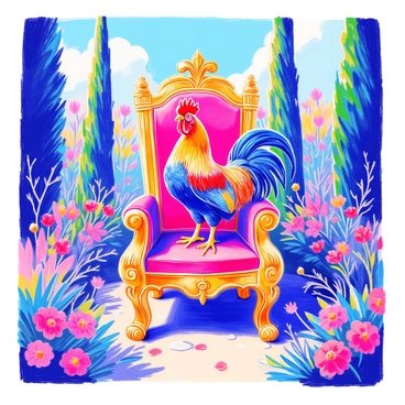 A majestic rooster with vibrant red and gold feathers is perched proudly on a golden throne. The throne is decorated with intricate carvings and ornate details, reflecting its regal status. Surrounding the throne is a lush garden filled with colorful flowers and greenery. There are tall, perfectly manicured hedges in the background and a clear blue sky overhead, enhancing the grandeur of the scene. Sunlight casts soft shadows, creating a warm and inviting atmosphere.