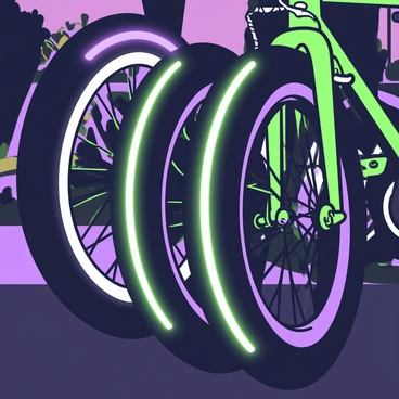 A close-up view of bicycle tires mounted on a bike. The tires feature reflective stripes that catch the light, creating a glowing effect in low light conditions. The bike is positioned on a dark surface, enhancing the visibility of the reflective stripes. The tread pattern of the tires is clearly defined, showcasing their design and grip. In the background, there are hints of a blurred environment, suggesting an outdoor setting during twilight.