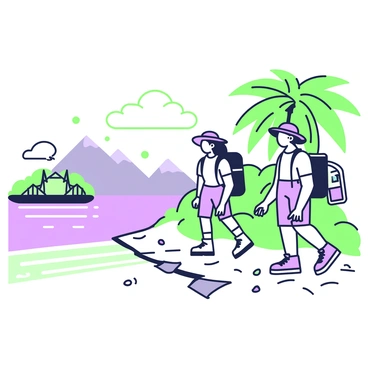 A group of explorers is arriving on a secluded tropical island. They are stepping onto the sandy shore, with lush green palm trees swaying gently in the breeze behind them. The explorers are dressed in outdoor gear, including hats and backpacks, as they look around with expressions of curiosity. In front of them, the clear waters of the ocean stretch out, reflecting the sunlight. A few colorful seashells are scattered on the sand, and distant mountains can be seen in the background, partially obscured by tropical foliage.