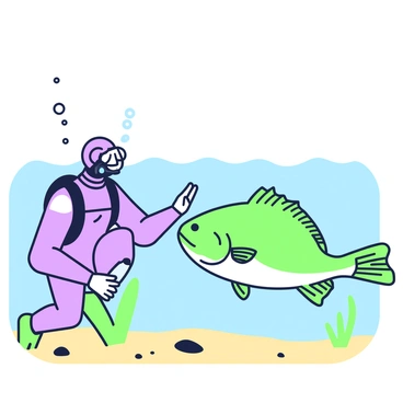 A scuba diver is positioned underwater, observing a largemouth bass swimming gracefully past. The diver is wearing a wetsuit, a mask, and fins, with bubbles rising around them. The water is clear, allowing sunlight to filter through and illuminate the scene. The largemouth bass has a sleek body and distinct features, such as its large mouth and vibrant scales. The diver's hand is reaching out slightly towards the fish, creating a sense of interaction. In the background, small pebbles and aquatic plants can be seen on the sandy bottom of the water.