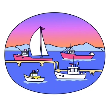 A fantasy harbor with an array of ships of various sizes and shapes. The ships include a tall ship with billowing sails, a sleek fishing boat, and a small, colorful tugboat. The harbor is surrounded by gently sloping wooden docks. The sky above is a gradient of deep purple and orange, indicating twilight. Soft reflections of the ships and the sky are visible on the calm water surface. In the background, there are a few silhouettes of rolling hills.