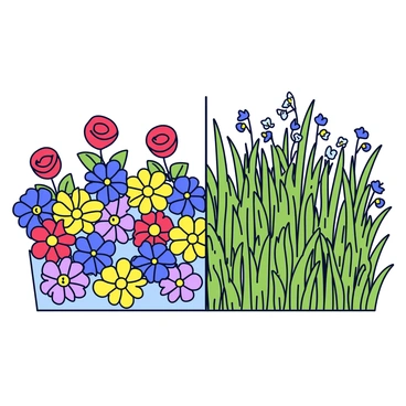 A garden scene divided into two distinct halves. On the left side, there is a vibrant display of blooming flowers in various colors, including red roses, yellow daisies, and bluebells. The flowers are neatly arranged in colorful patches, giving a sense of order. On the right side, the garden is overgrown with wild grass and tangled weeds. Tall, unkempt plants stretch toward the sky, and there are hints of wildflowers peeking through the dense foliage. The contrast between the well-kept flowers and the chaotic wildness creates a striking visual divide.