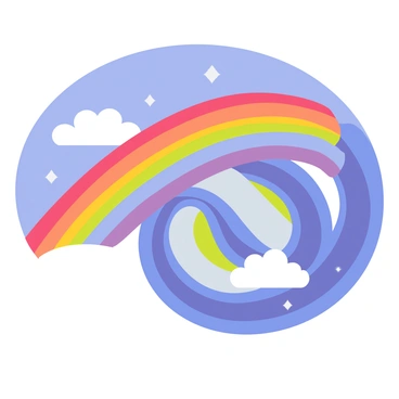 A vibrant rainbow arcing across a bright blue sky, with its colors swirling in a gradient from red to violet. The ends of the rainbow are nestled into the swirling patterns of a spiral galaxy, which has a vivid mix of blues, purples, and whites. The galaxy's arms spiral outward, creating a cosmic backdrop that contrasts with the colorful rainbow. Fluffy white clouds float in the background, enhancing the overall whimsical atmosphere of the scene.