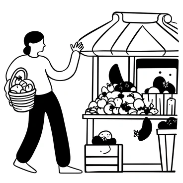 A person wearing casual clothing is carrying a woven basket filled with a variety of fruits. The individual is reaching toward a colorful display of fruits arranged on a wooden stall. There are oranges, apples, and bananas stacked neatly beside an assortment of berries in small crates. The open-air market is alive with stalls and shoppers, with various merchandise visible in the background.