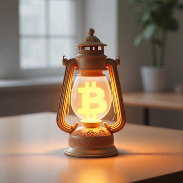 A 3D lantern, crafted from ornate metal with intricate designs, stands prominently. The lantern features a glass enclosure that houses a bright, glowing bitcoin symbol at its center. The bitcoin emits a warm, golden light that casts soft shadows around the lantern. The surrounding area is illuminated by this glow, revealing textured surfaces and subtle reflections. The lantern is placed on a wooden table, enhancing the contrast between the warm light and the cool tones of the wood.